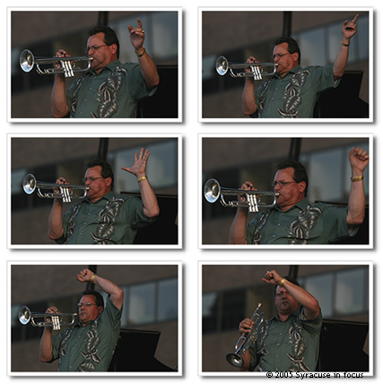 PARTING TUNE--(Day 2) Trumpeter Jeff Jarvis plays his final tune with the Central New York Jazz Orchestra on the main stage. Jarvis, who served as musical director of the CNYJO for seven years, will be leaving to accept a teaching position on the West Coast.